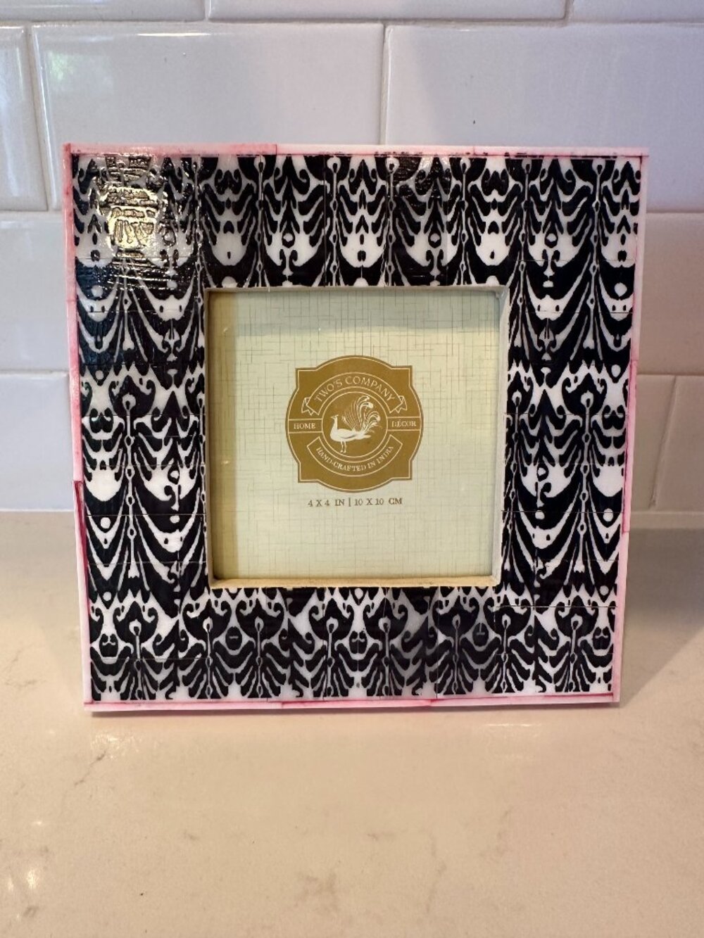 Two's Company Black White Ikat Bone Tile Pink Picture Frame 4x4 India